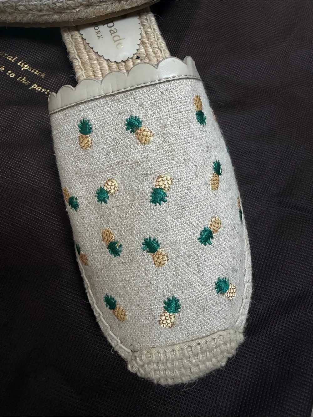 kate spade Beige Espadrille Slide with Gold and Green Pineapple Embroidery